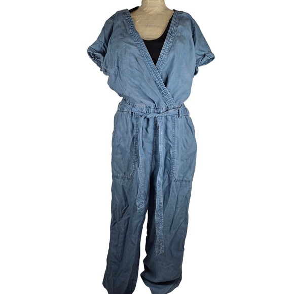 Abercrombie & Fitch Jumpsuit Chambray Belted Short Sleeve Blue Women's L Y2k 90s - Picture 9 of 11